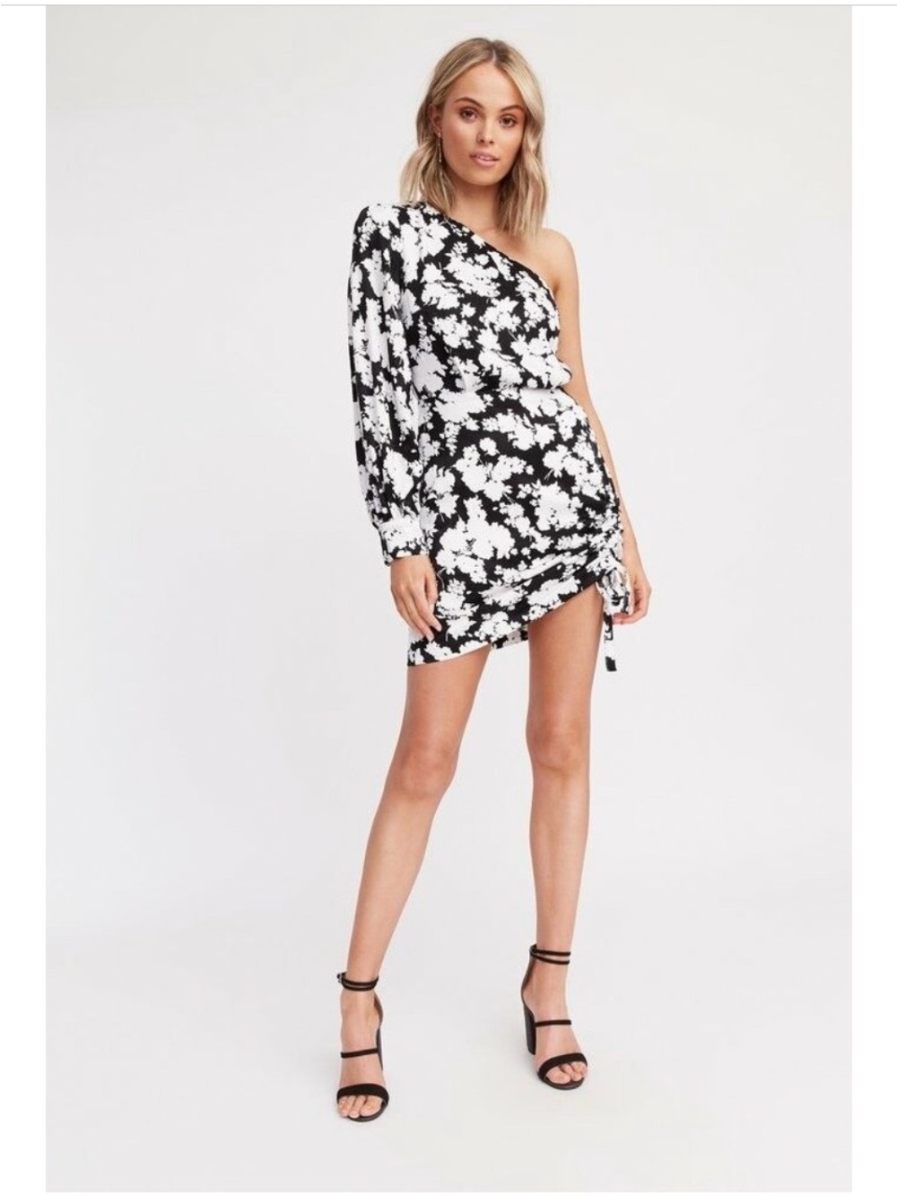 Kookai Ebony Black & White One-Shoulder Floral Mini Dress Size 38